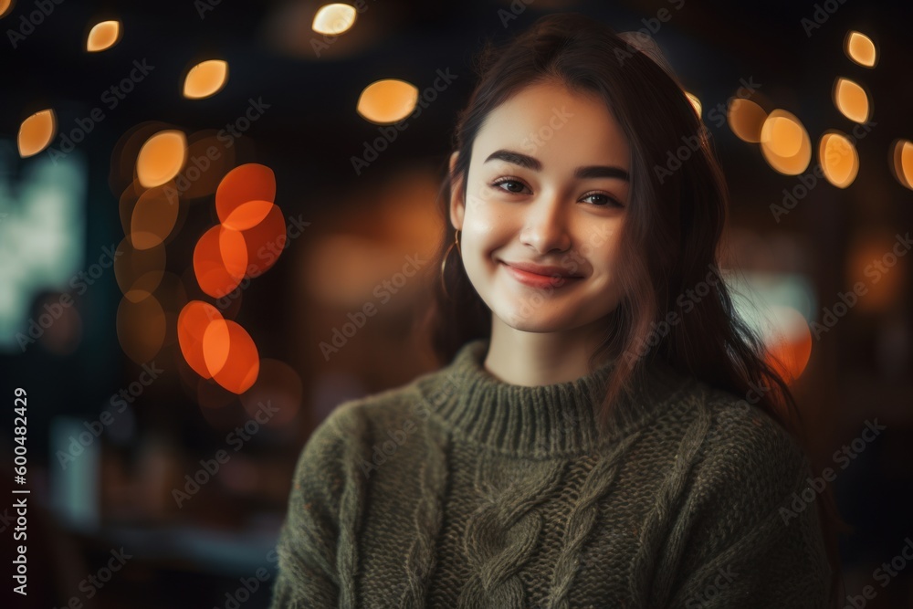Portrait of a beautiful young woman in a cafe with bokeh lights