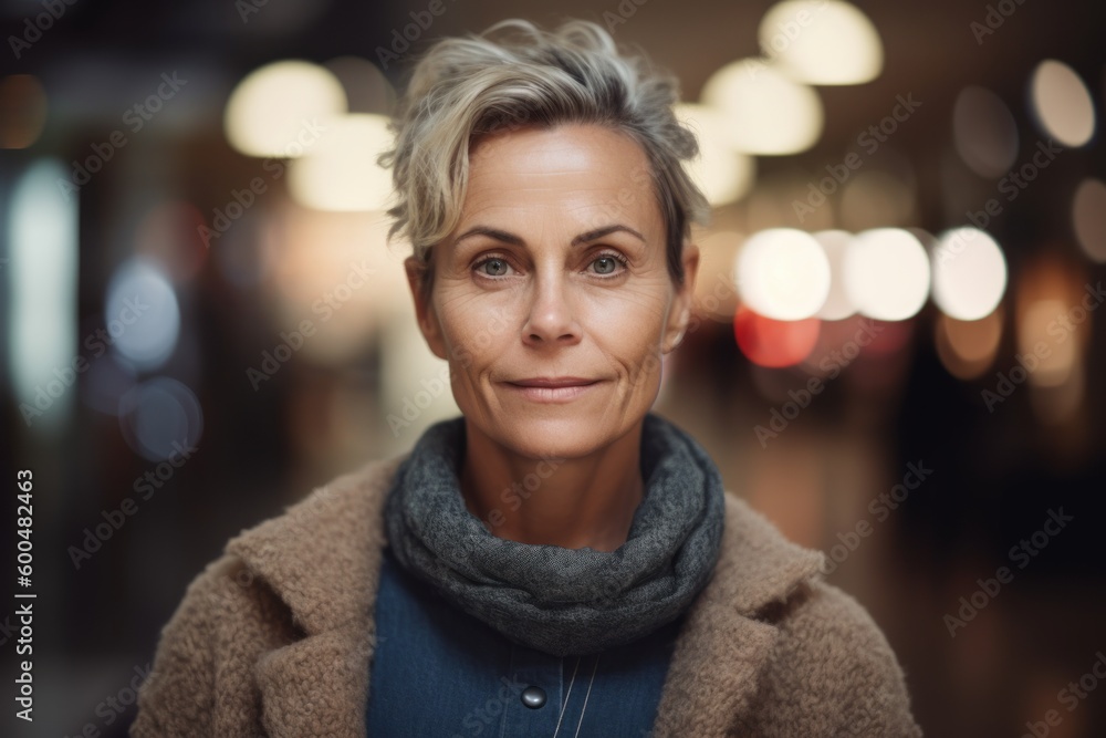 Portrait of beautiful mature woman in coat looking at camera in city Portrait of beautiful mature woman in coat looking at camera in city