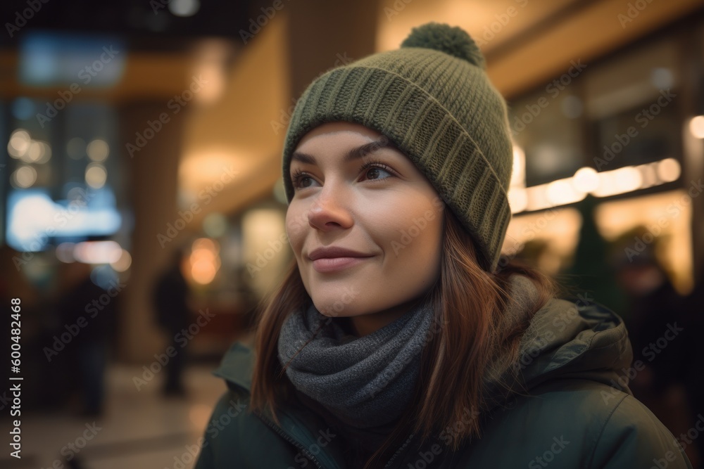 Portrait of beautiful young woman in winter clothes looking away in shopping center Portrait of beautiful young woman in winter clothes looking away in shopping center