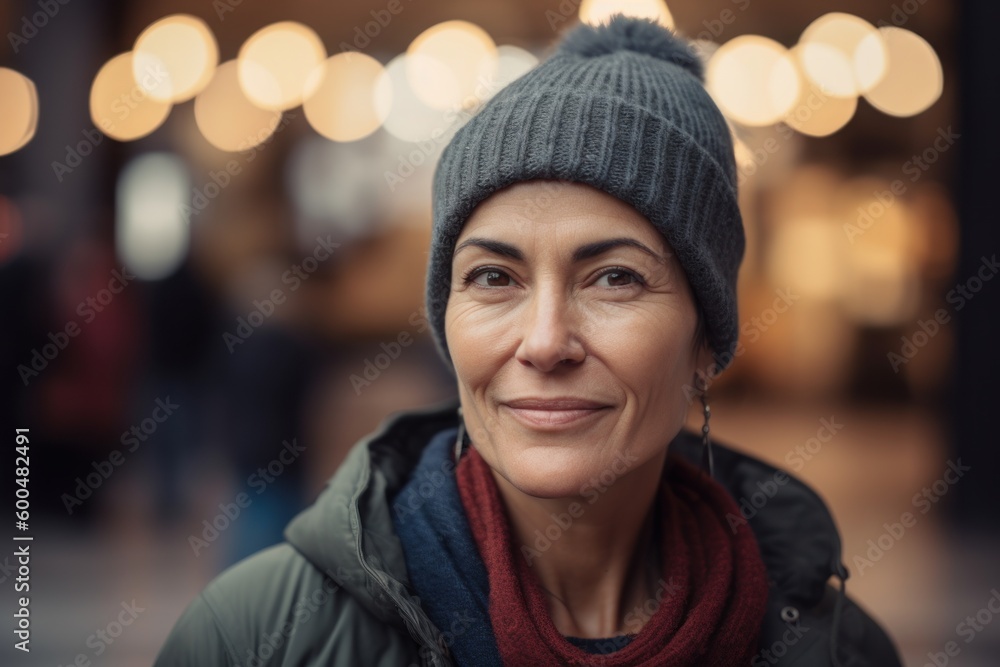 Portrait of a beautiful middle-aged woman in a hat and scarf Portrait of a beautiful middle-aged woman in a hat and scarf