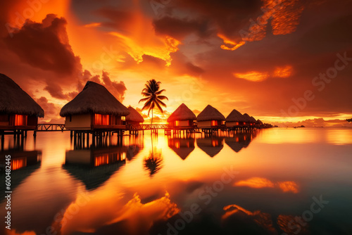 Beautiful sunset over tropical island with thatched roof and palm trees. Generative AI.