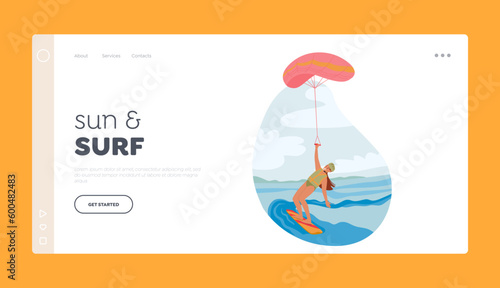 Wind Surf Landing Page Template. Character Riding Waves And Wind, Kite Surfer Harnesses A Kite To Launch Into The Air