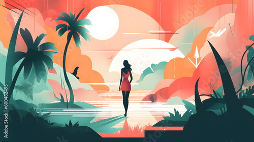 Woman in red dress is walking through tropical landscape with palm trees. Generative AI.