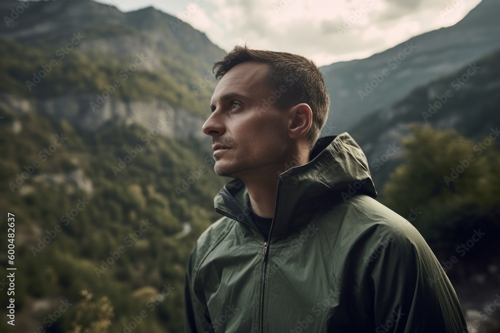 Handsome young man in green jacket standing on top of a mountain and looking away Handsome young man in green jacket standing on top of a mountain and looking away