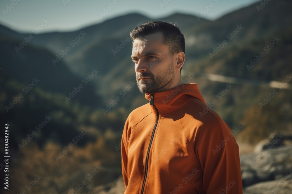 Portrait of a handsome young man in an orange hoodie on the background of the mountains.