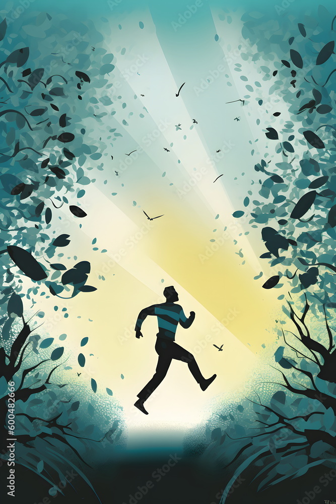 Man running through forest under yellow sky with birds flying overhead. Generative AI.