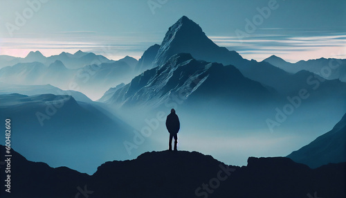 Man Standing on top of A Mountain Landscape Background AI Generative
