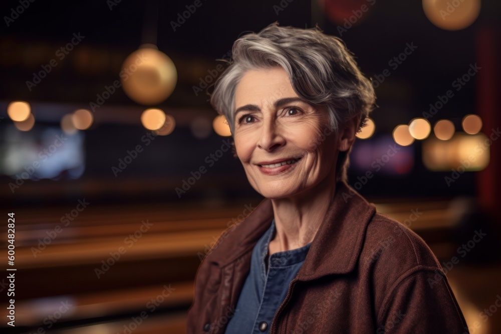 Portrait of smiling senior woman looking at camera in a restaurant.