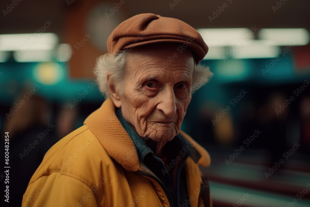 Portrait of an old man in a yellow coat and beret Portrait of an old man in a yellow coat and beret