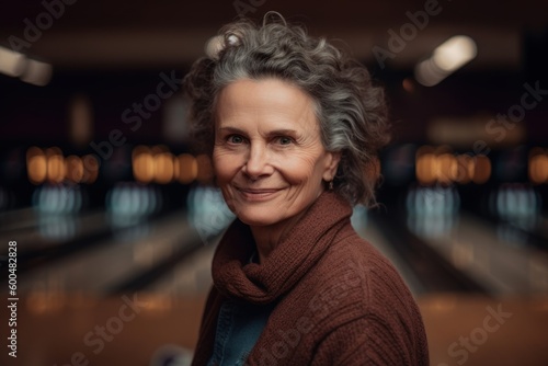 Wallpaper Mural Portrait of smiling senior woman standing in bowling alley at night. Torontodigital.ca