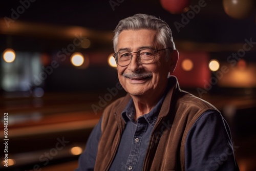 Portrait of smiling senior man in eyeglasses standing in cafe © Robert MEYNER