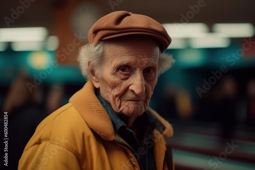 Portrait of an old man in a yellow coat and beret