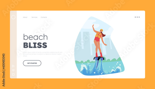 Beach Bliss Landing Page Template. Female Character Flying On Flyboard, Hovering Over The Water's Surface