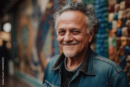 Portrait of a smiling senior man with gray hair in a denim jacket standing in front of a wall full of colorful threads