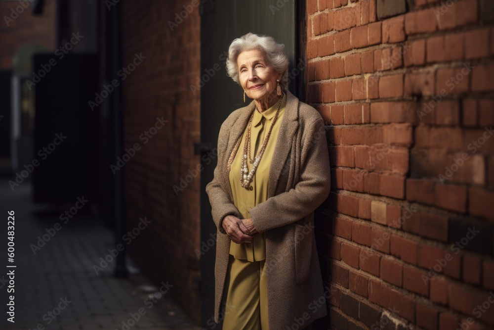 Portrait of an elderly woman in a coat leaning against a brick wall