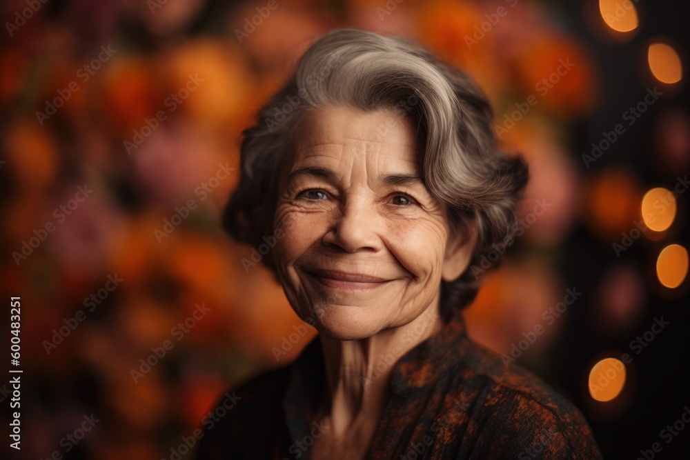 Portrait of a smiling senior woman on a dark background with bokeh Portrait of a smiling senior woman on a dark background with bokeh