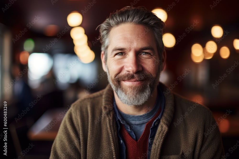Portrait of handsome man smiling in a pub, looking at camera Portrait of handsome man smiling in a pub, looking at camera