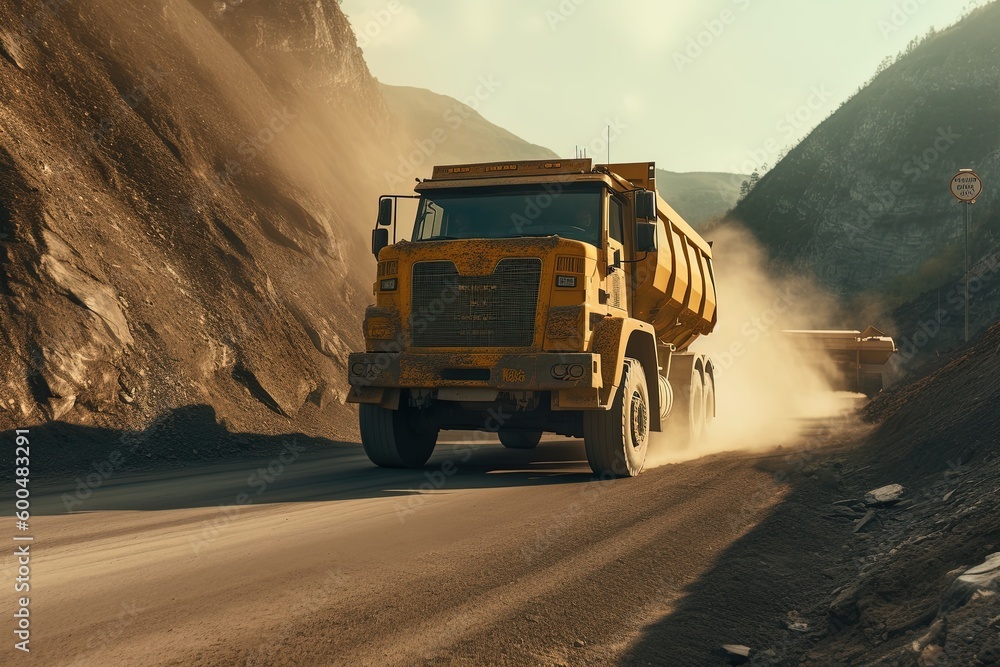 Large quarry dump truck. Transport industry. A mining truck is driving along a mountain road. Quarry truck carries coal mined. Generative Ai