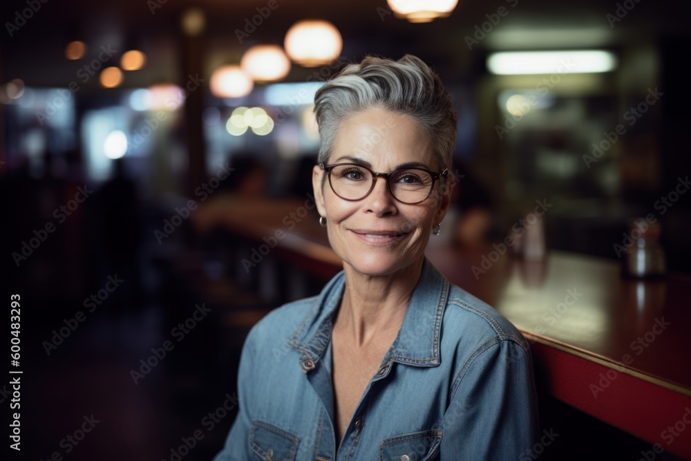 Portrait of smiling woman with glasses at bar counter in coffee shop