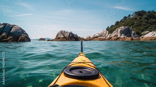 Kayaking on the lake at sunset. Generative AI