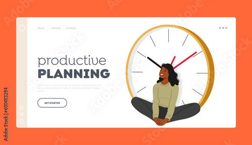 Productive Planning Landing Page Template. Smiling Woman Seated Beside Oversized Watches, Appears Joyful And Content