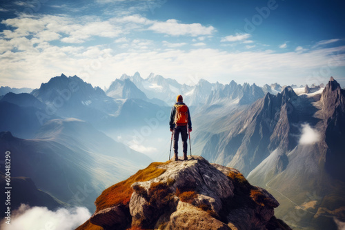 Man standing on top of mountain with backpack on his back. Generative AI.