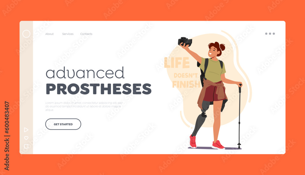 Advanced Prostheses Landing Page Template. Woman Hiker With Leg Prosthesis. Inspiring Character Defying Limitations