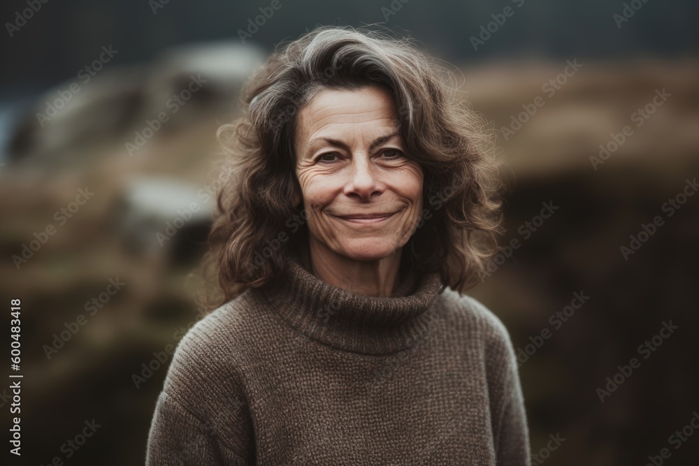 Portrait of a smiling middle-aged woman in the autumn forest
