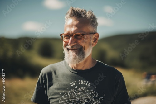 Handsome middle-aged man with gray hair and beard wearing glasses on the background of nature