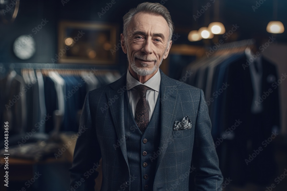 Lifestyle portrait photography of a pleased man in his 50s wearing a sleek suit against a sewing studio or tailor background. Generative AI Lifestyle portrait photography of a pleased man in his 50s wearing a sleek suit against a sewing studio or tailor background. Generative AI