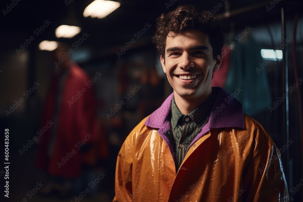Medium shot portrait photography of a grinning man in his 20s wearing a vibrant raincoat against a sewing studio or tailor background. Generative AI Medium shot portrait photography of a grinning man in his 20s wearing a vibrant raincoat against a sewing studio or tailor background. Generative AI