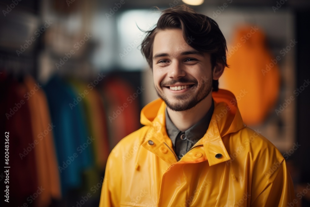 Smiling young man in yellow raincoat looking at camera in shop Smiling young man in yellow raincoat looking at camera in shop