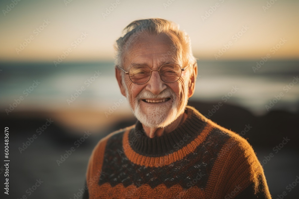 Portrait of senior man wearing eyeglasses at beach during sunset Portrait of senior man wearing eyeglasses at beach during sunset
