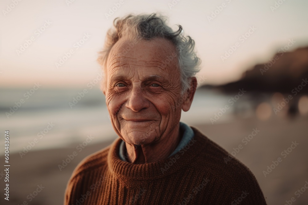 Portrait of smiling senior man looking at camera on beach at sunset Portrait of smiling senior man looking at camera on beach at sunset