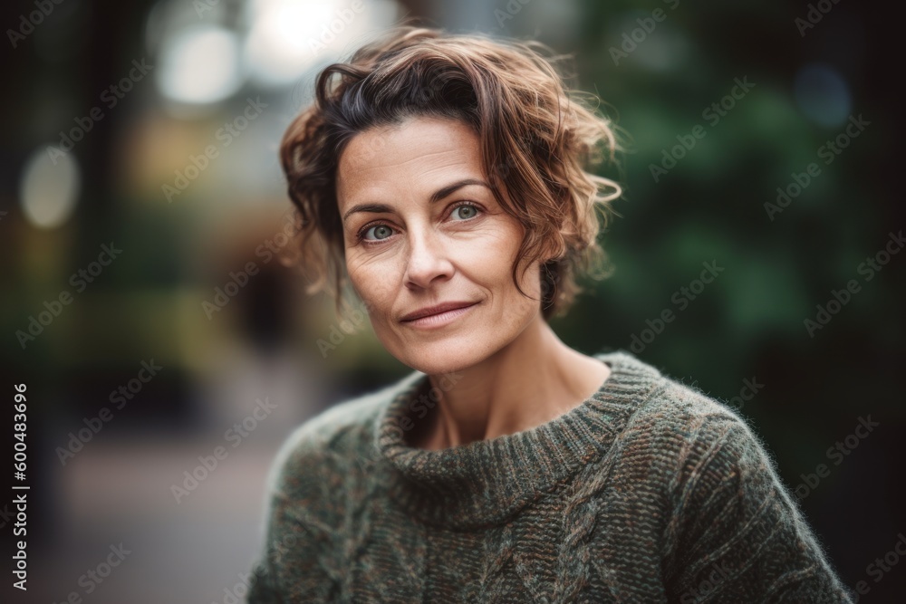 Portrait of a beautiful middle-aged woman in a green sweater Portrait of a beautiful middle-aged woman in a green sweater