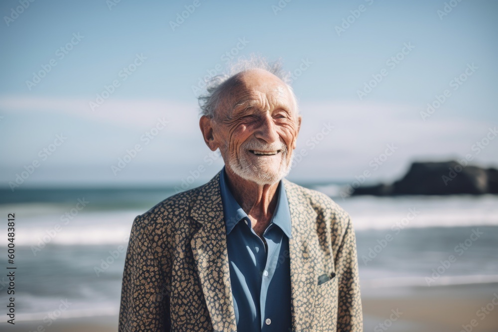 Portrait of senior man smiling at camera at beach on a sunny day Portrait of senior man smiling at camera at beach on a sunny day
