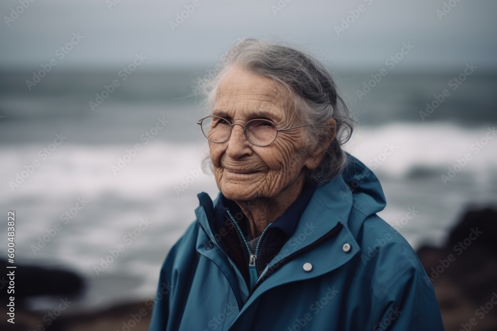 Portrait of an elderly woman with glasses on the seashore Portrait of an elderly woman with glasses on the seashore