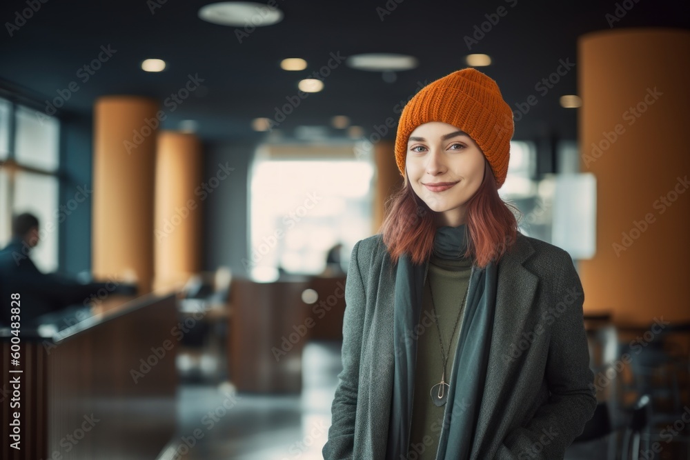 Portrait of a smiling young woman in a beret and coat standing in a cafe Portrait of a smiling young woman in a beret and coat standing in a cafe