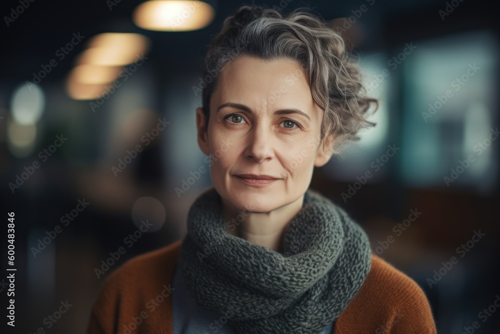 Portrait of a beautiful woman with short wavy hair and gray scarf Portrait of a beautiful woman with short wavy hair and gray scarf