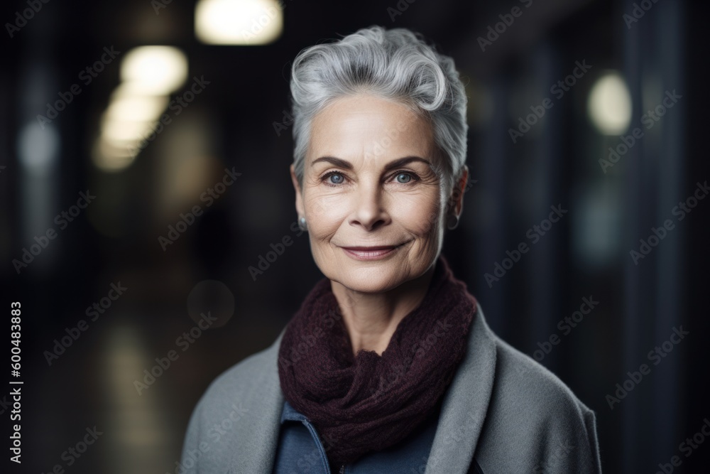 Portrait of beautiful senior woman in scarf looking at camera in corridor Portrait of beautiful senior woman in scarf looking at camera in corridor