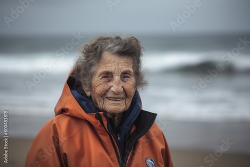 Portrait of an elderly woman in a raincoat on the beach