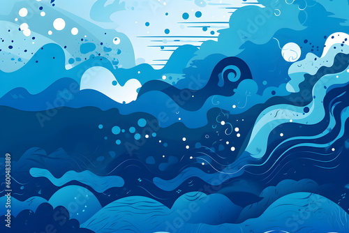 Image of blue ocean with waves and bubbles in the water and bubbles floating in the air. Generative AI.