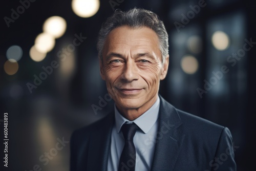 Portrait of smiling mature businessman in suit looking at camera in city