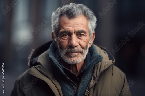 Portrait of an elderly man with grey hair in the city.