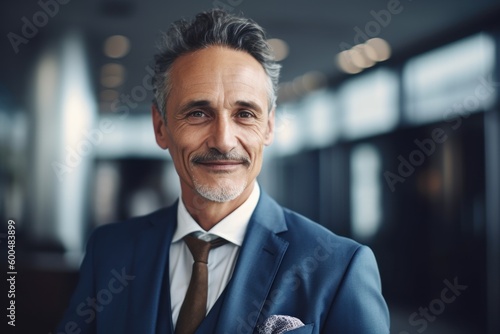 Portrait of confident mature businessman in suit looking at camera in office