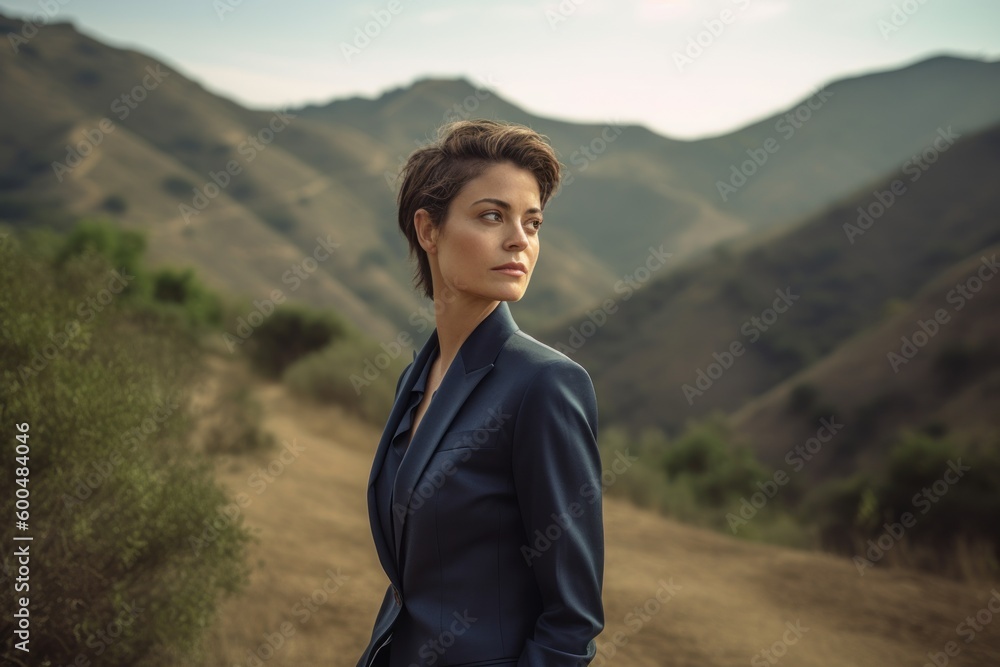 Portrait of a beautiful young woman in a suit on the background of mountains