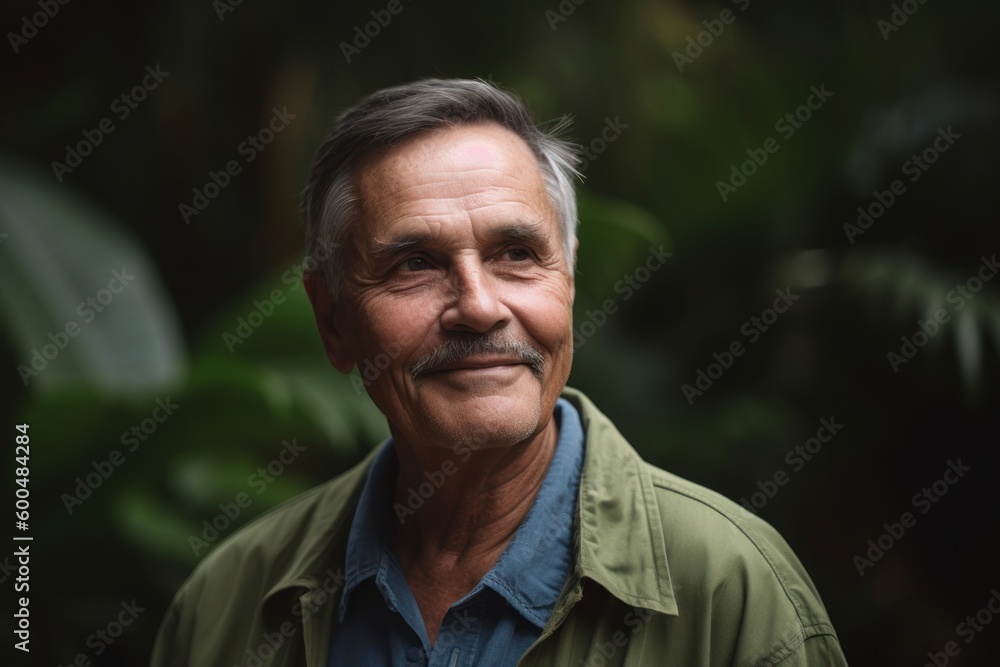 Portrait of happy senior man smiling at camera in the rainforest Portrait of happy senior man smiling at camera in the rainforest