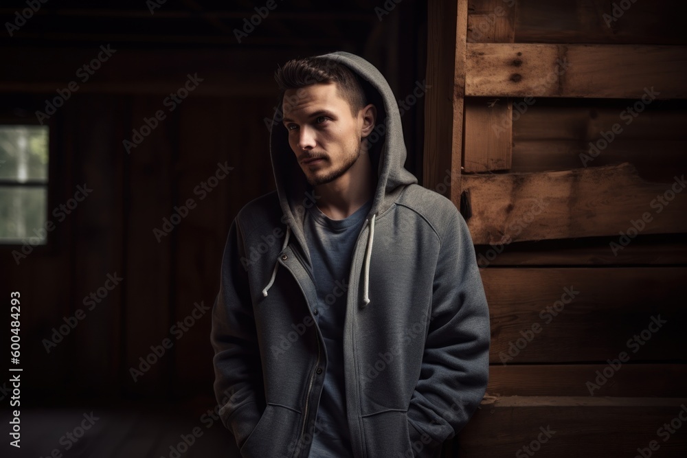 Portrait of a handsome young man in a gray hoodie. Men's beauty, fashion. Portrait of a handsome young man in a gray hoodie. Men's beauty, fashion.