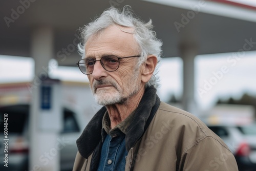 portrait of senior man with grey hair and eyeglasses at gas station