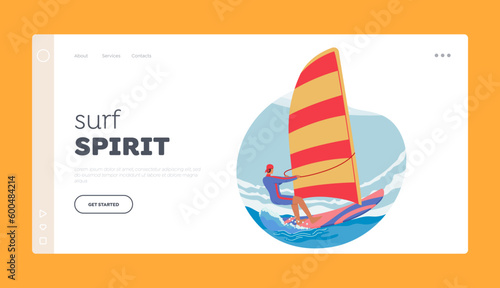 Man Enjoying Thrill Of Sport Landing Page Template. Male Character Windsurfing Activity, Gliding Over The Waves